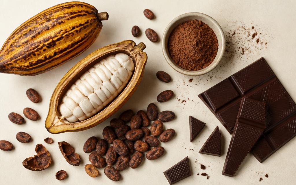Granos, polvo de cacao y barras de chocolate