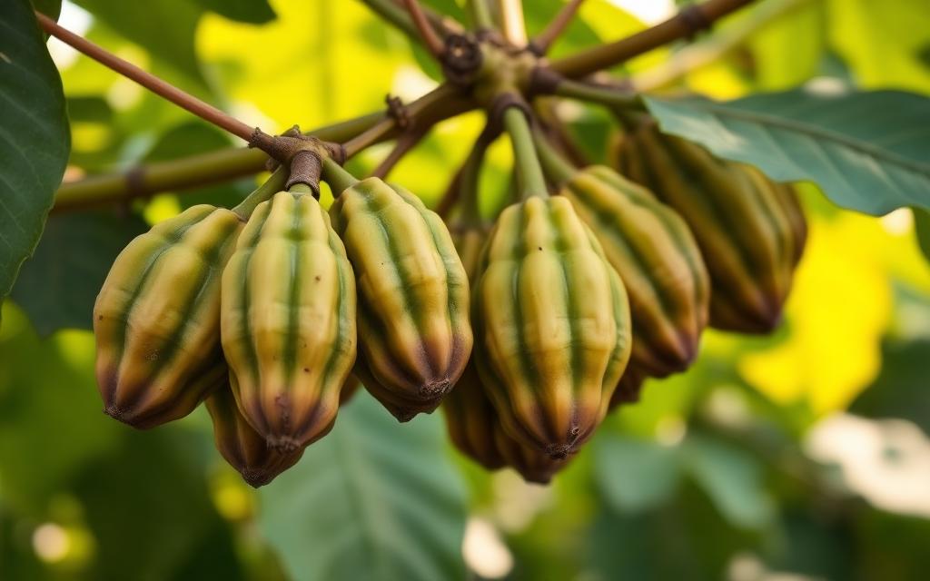 Mazorcas de cacao en el árbol